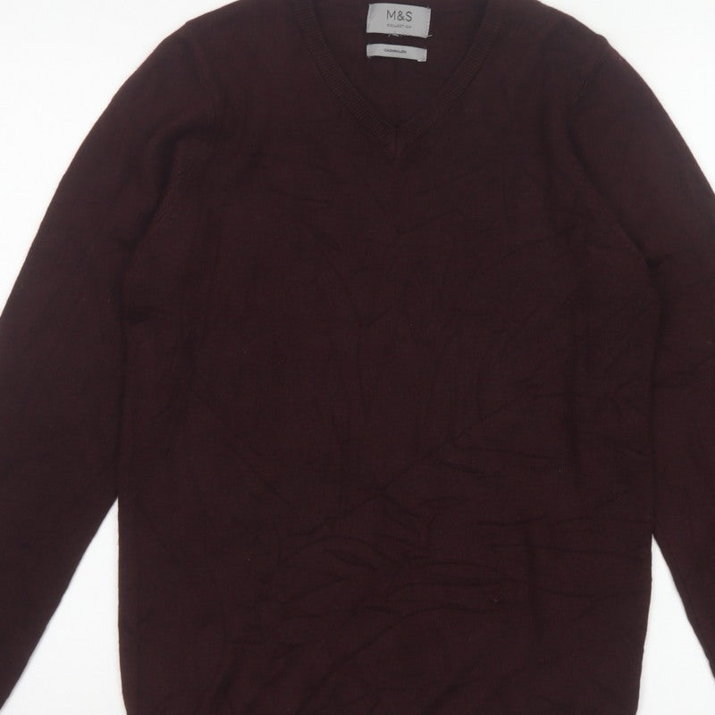 Marks and Spencer Men Brown Small V-Neck Fine Knit Pullover Jumper