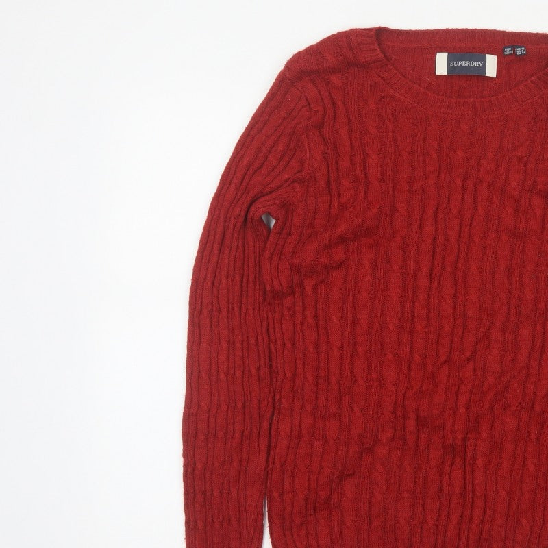 Superdry Women Red UK 12 Cable Knit Crew Neck Pullover Jumper
