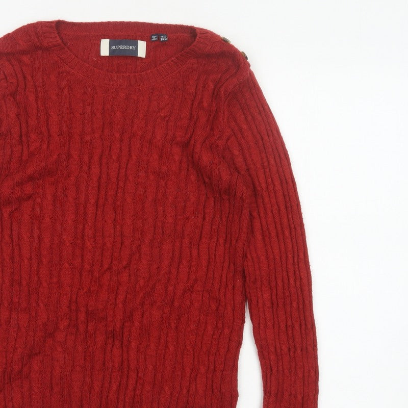 Superdry Women Red UK 12 Cable Knit Crew Neck Pullover Jumper