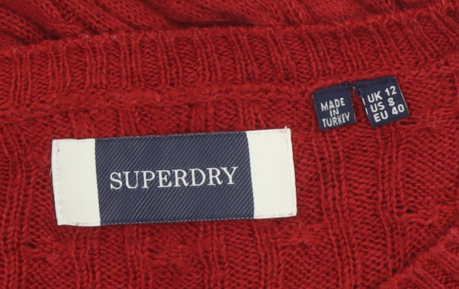 Superdry Women Red UK 12 Cable Knit Crew Neck Pullover Jumper