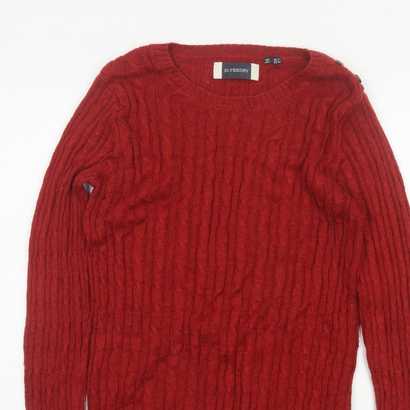 Superdry Women Red UK 12 Cable Knit Crew Neck Pullover Jumper