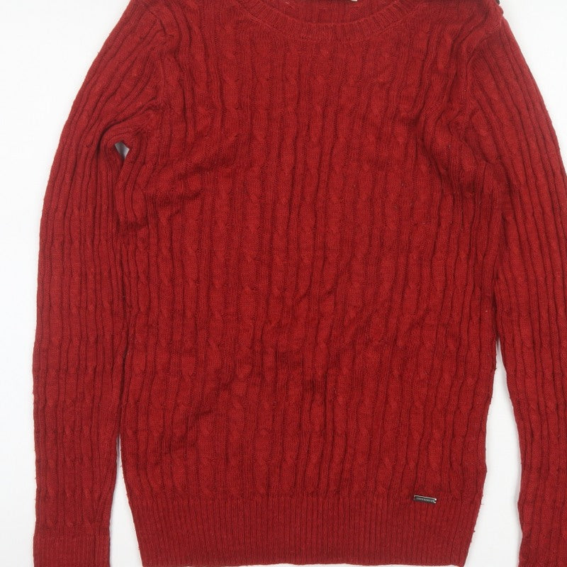 Superdry Women Red UK 12 Cable Knit Crew Neck Pullover Jumper