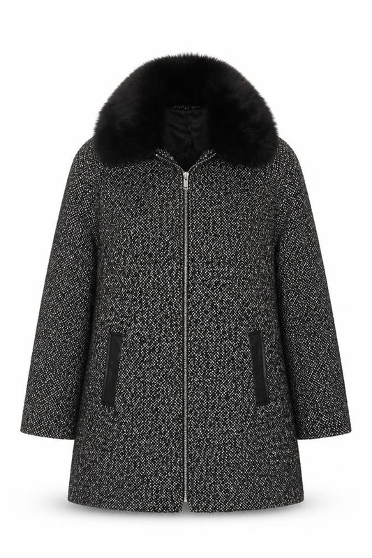 Papaya Women’s Black Herringbone Faux Fur Collar Zip Coat UK 10