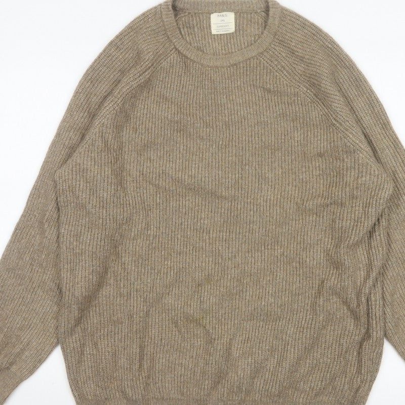 Marks and Spencer Men's Beige 2XL Pullover Crew Neck Ribbed Jumper