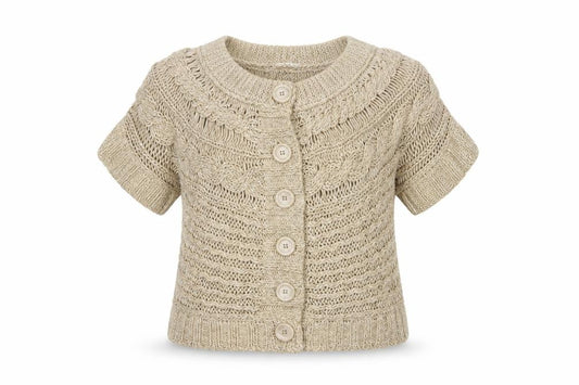 M&Co Women Beige M Chunky Cable Knit Short Sleeve Button Cardigan