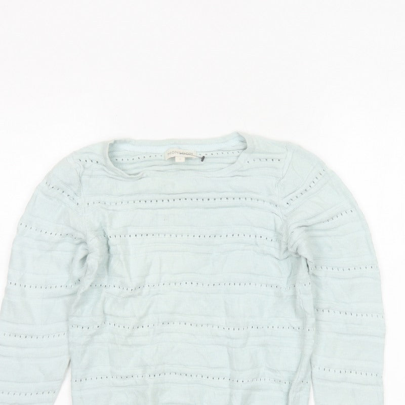 Monsoon Women Blue S Open Knit Striped Cotton Modal Jumper
