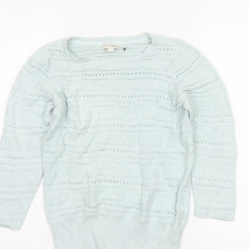 Monsoon Women Blue S Open Knit Striped Cotton Modal Jumper