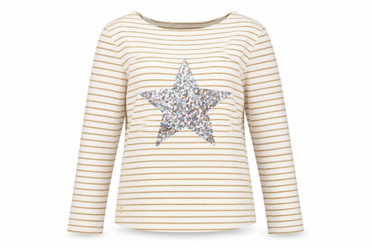 Joules Women Ivory Gold Stripe Sequin Star Long Sleeve T-Shirt UK 8