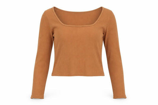 Uniqlo Women Brown M Ribbed Square Neck Slim Long Sleeve Cropped T-Shirt