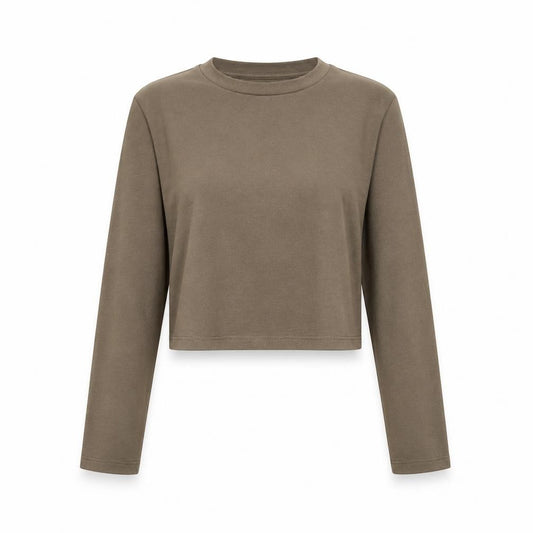 Zara Women Brown S Cropped Long Sleeve Crew Neck Jersey Top