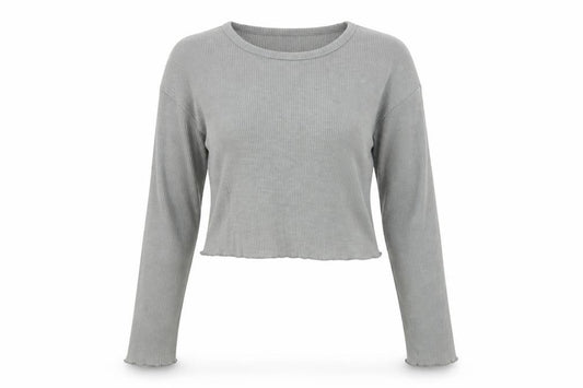 Zara Women Grey UK 8 Cropped Rib Knit Long Sleeve T-Shirt