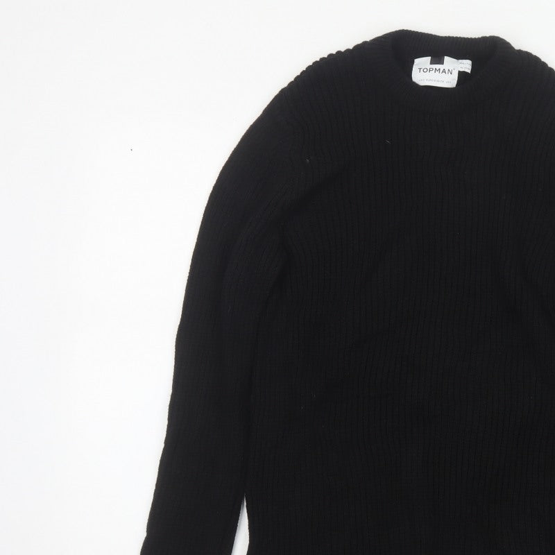 Topman Men's Black S Ribbed Crew Neck Cotton Pullover Jumper