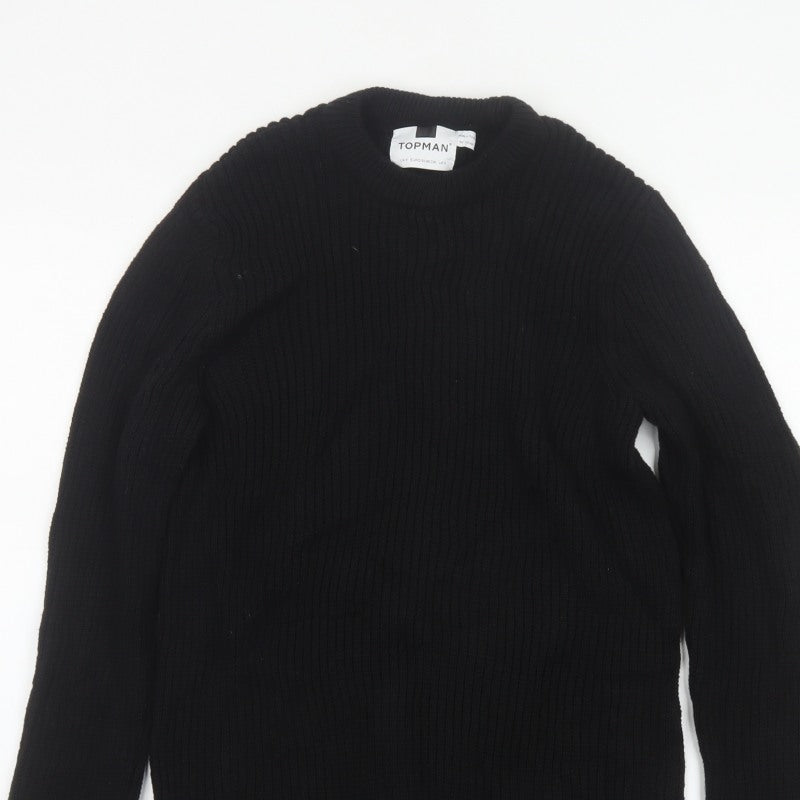 Topman Men's Black S Ribbed Crew Neck Cotton Pullover Jumper