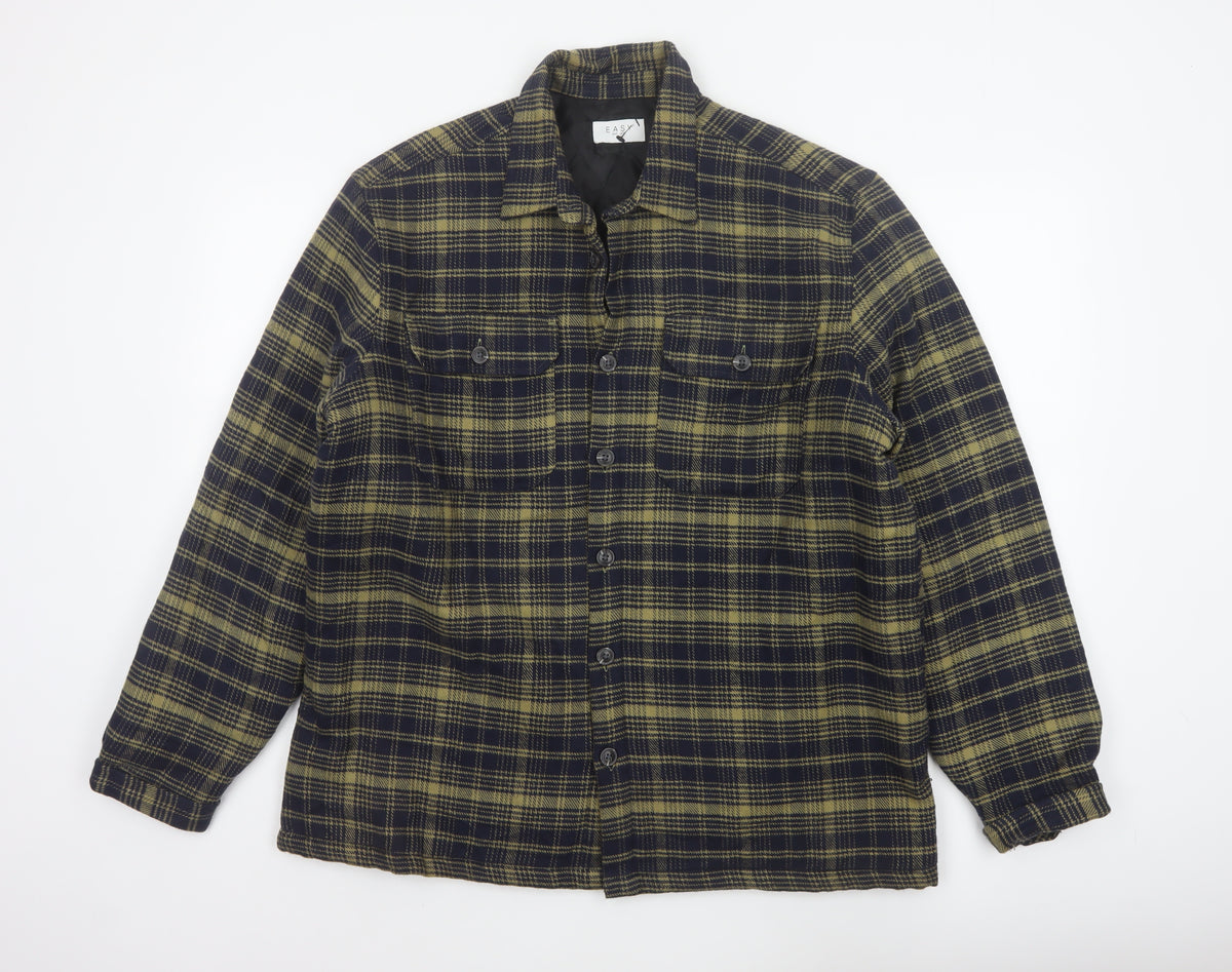 Easy Mens Green Check L Basic Jacket Buttoned Lined Overshirt