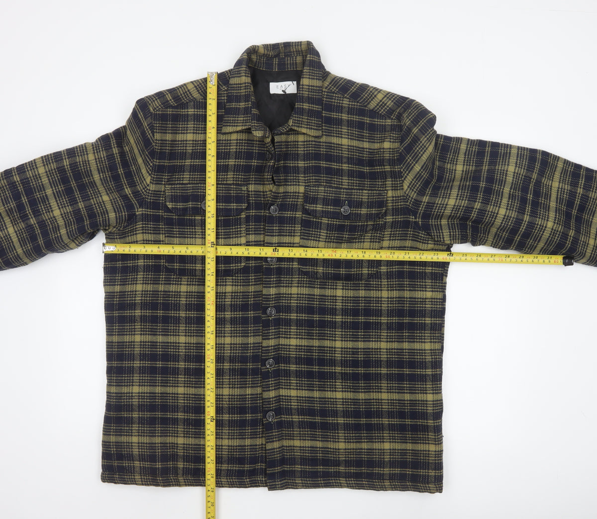 Easy Mens Green Check L Basic Jacket Buttoned Lined Overshirt
