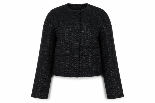 Threadbare Women’s Black Tweed Cropped Collarless Jacket UK 8 XS