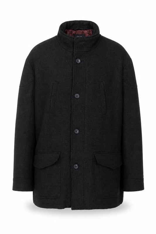F&F Men’s Black 3XL Herringbone Tweed Mid-Length Overcoat