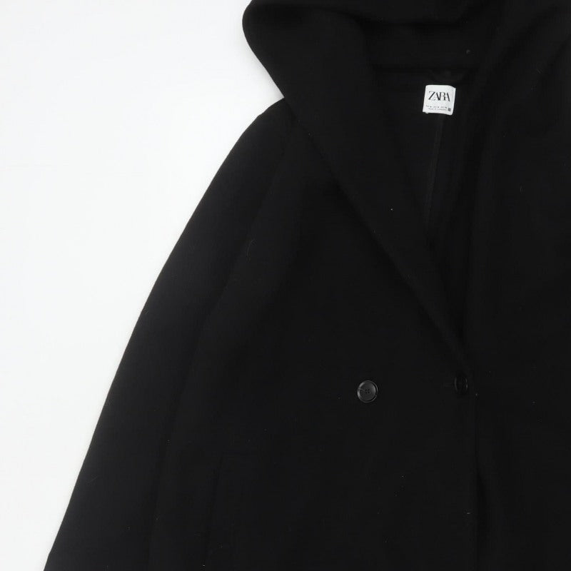 Zara Women Black M Hooded Long Overcoat Button Pockets Polyester