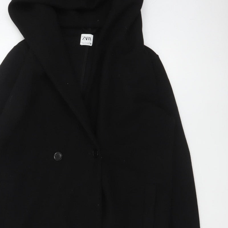Zara Women Black M Hooded Long Overcoat Button Pockets Polyester