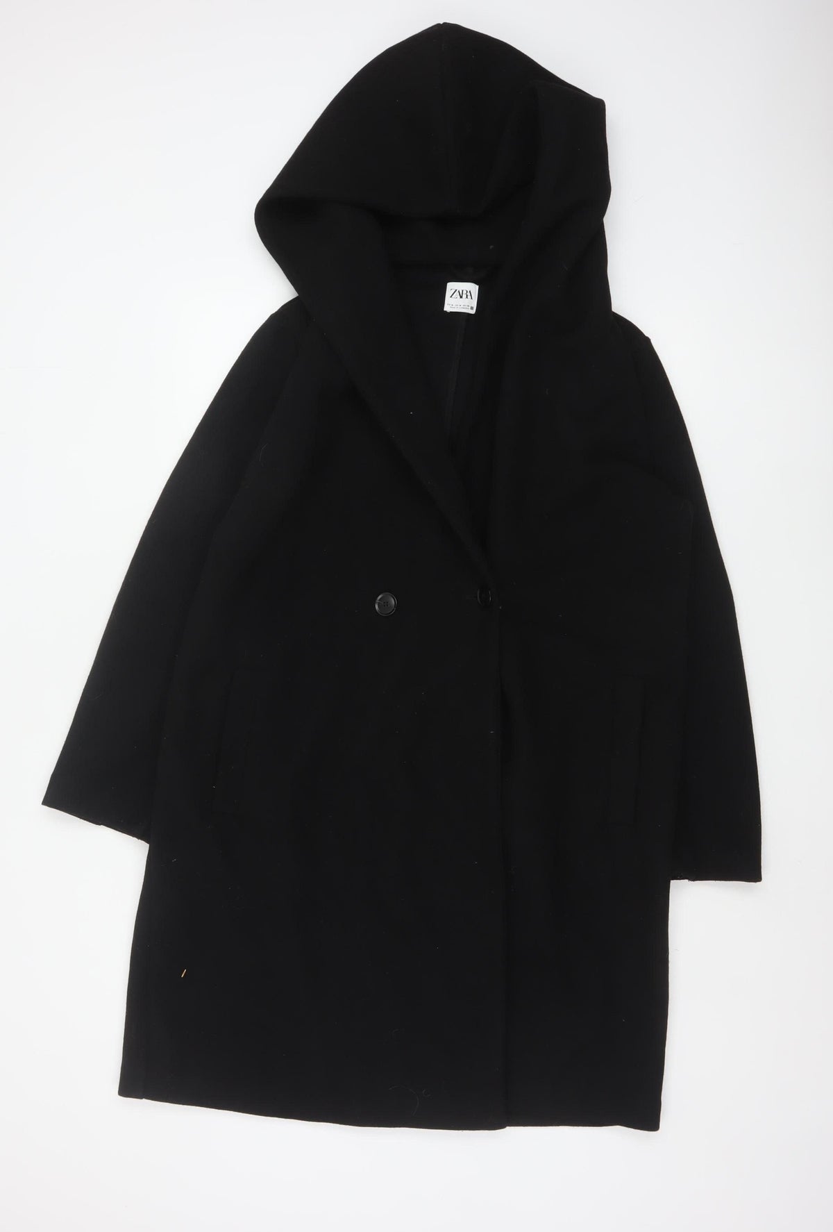 Zara Women Black M Hooded Long Overcoat Button Pockets Polyester