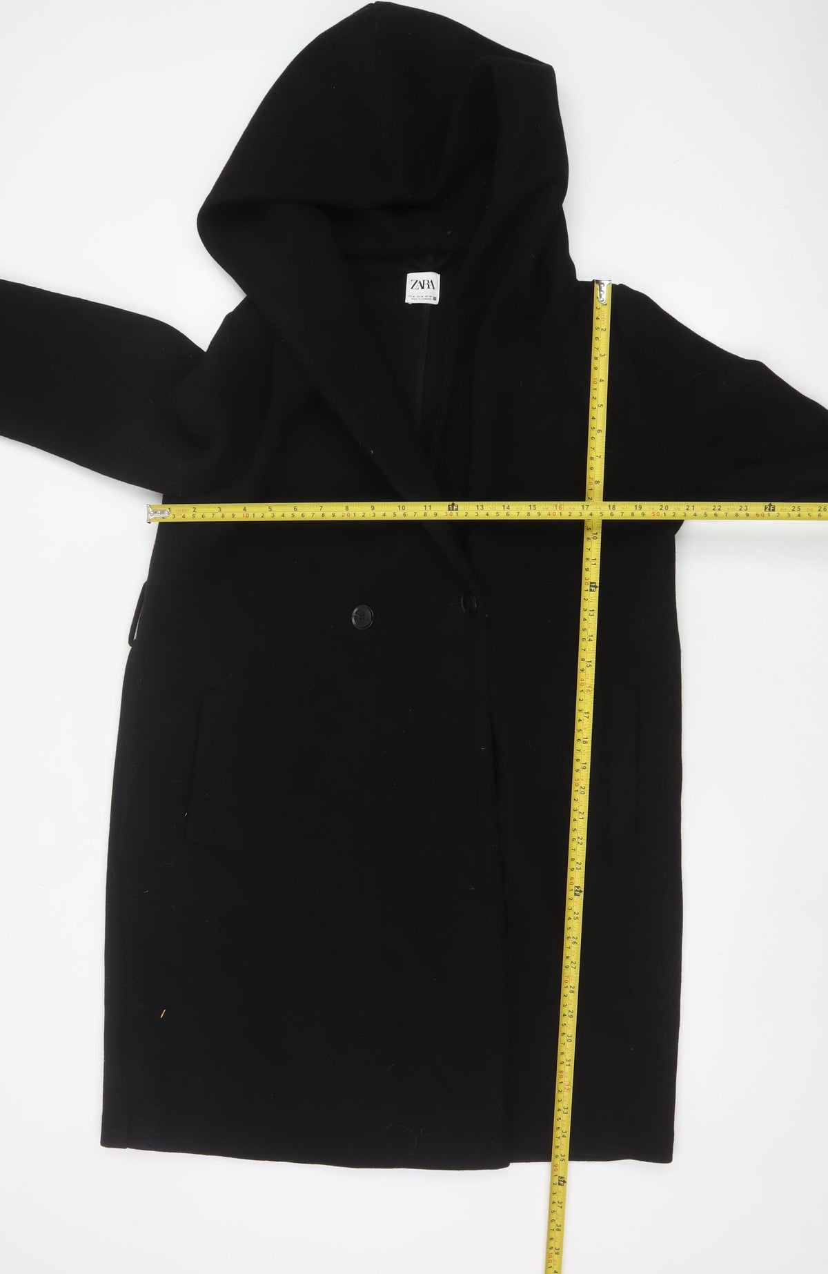 Zara Women Black M Hooded Long Overcoat Button Pockets Polyester