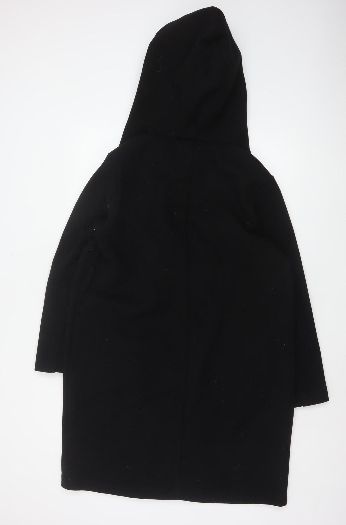 Zara Women Black M Hooded Long Overcoat Button Pockets Polyester