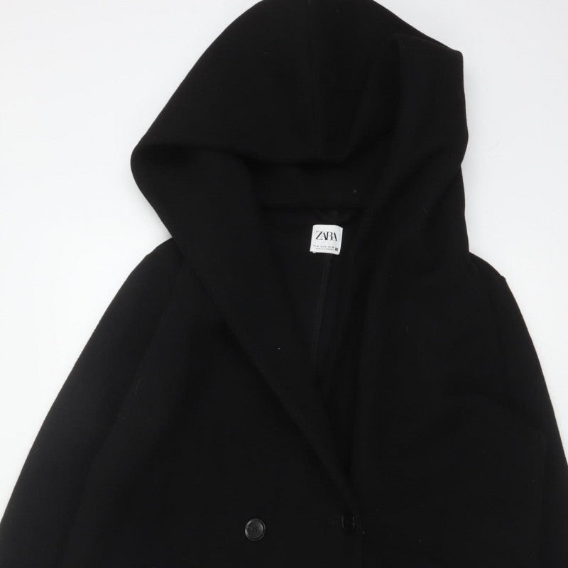 Zara Women Black M Hooded Long Overcoat Button Pockets Polyester