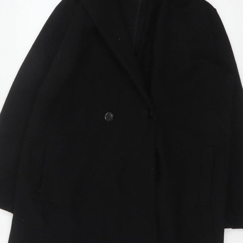 Zara Women Black M Hooded Long Overcoat Button Pockets Polyester