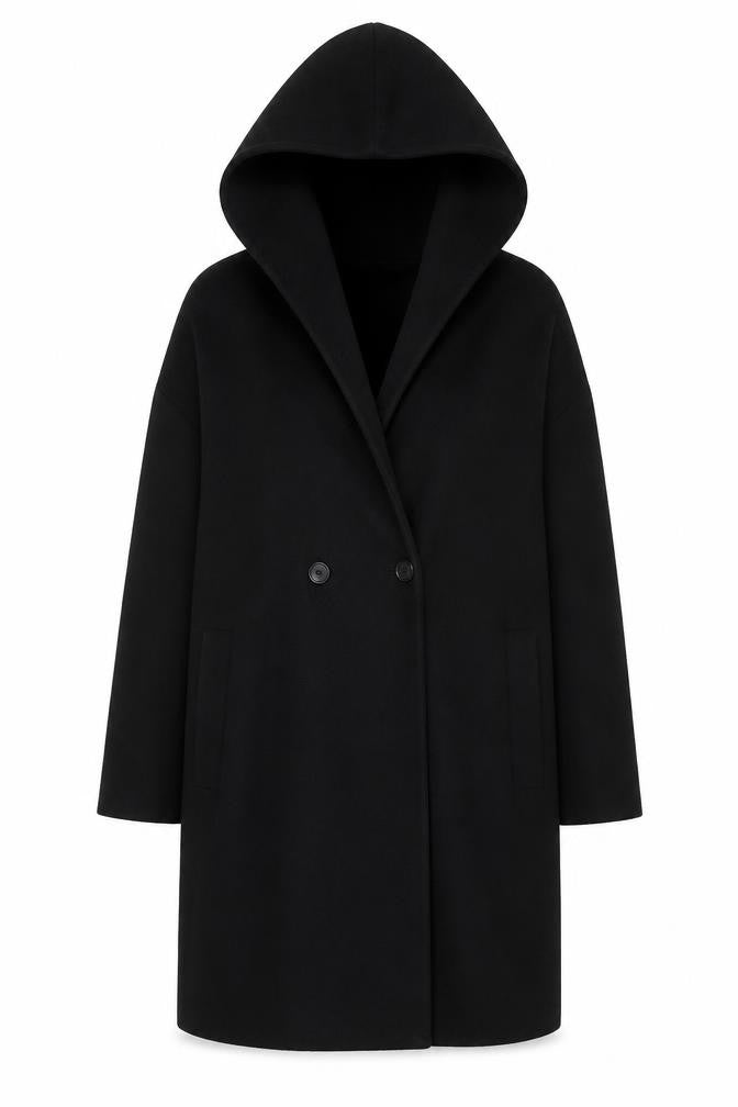 Zara Women Black M Hooded Long Overcoat Button Pockets Polyester