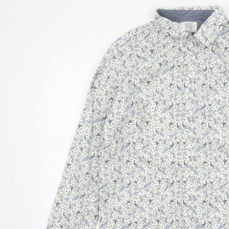 White Stuff Men’s White Blue Bird Floral Slim Fit Shirt L