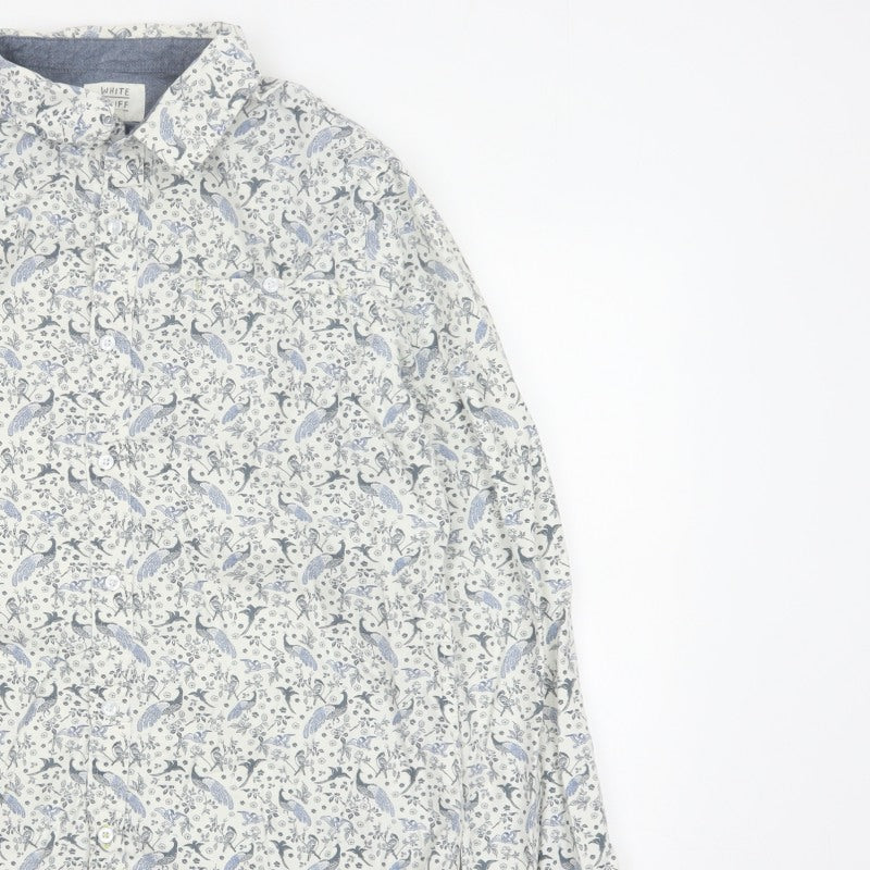 White Stuff Men’s White Blue Bird Floral Slim Fit Shirt L