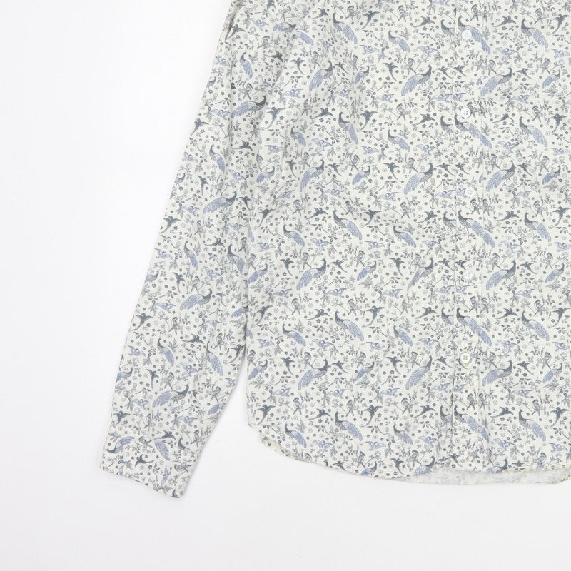 White Stuff Men’s White Blue Bird Floral Slim Fit Shirt L