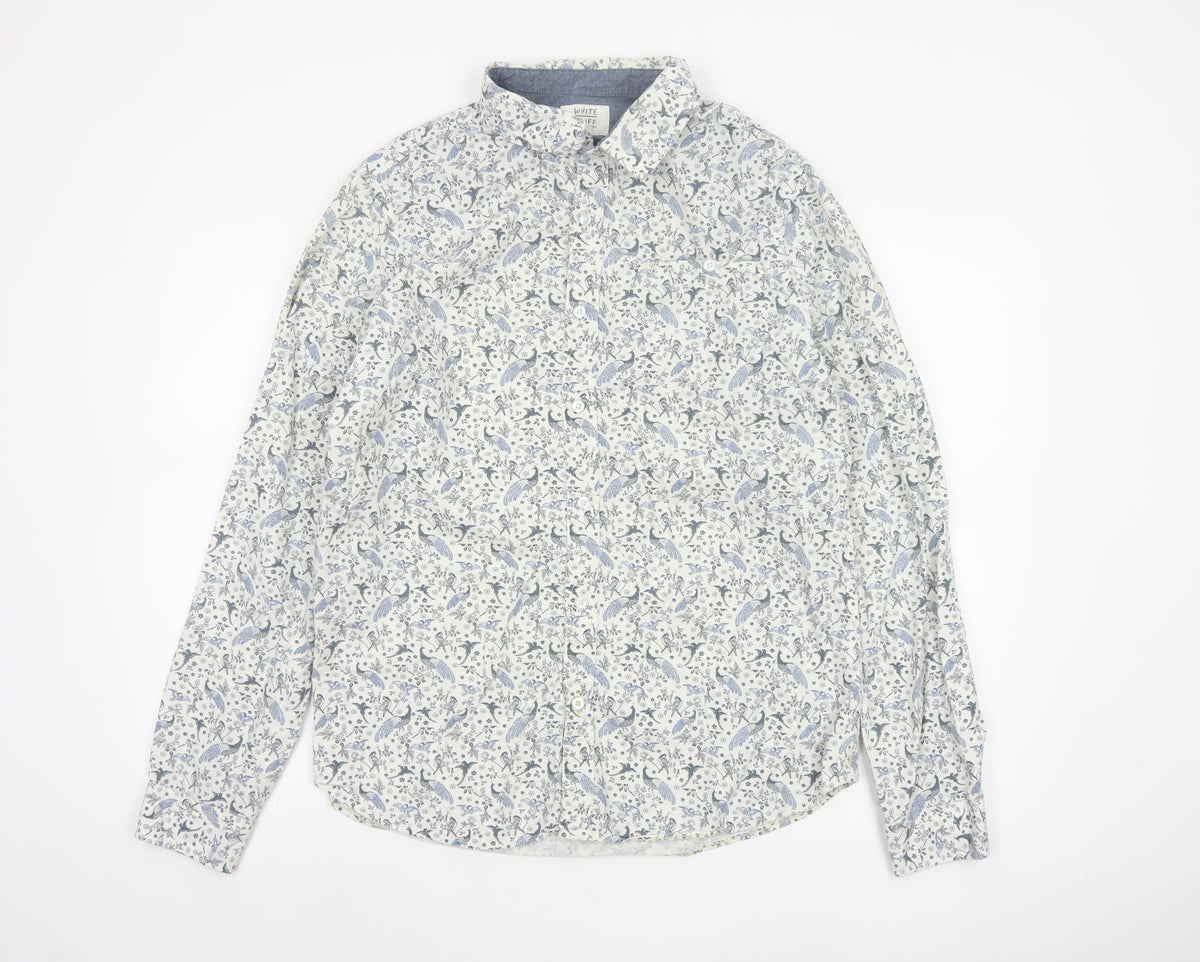 White Stuff Men’s White Blue Bird Floral Slim Fit Shirt L