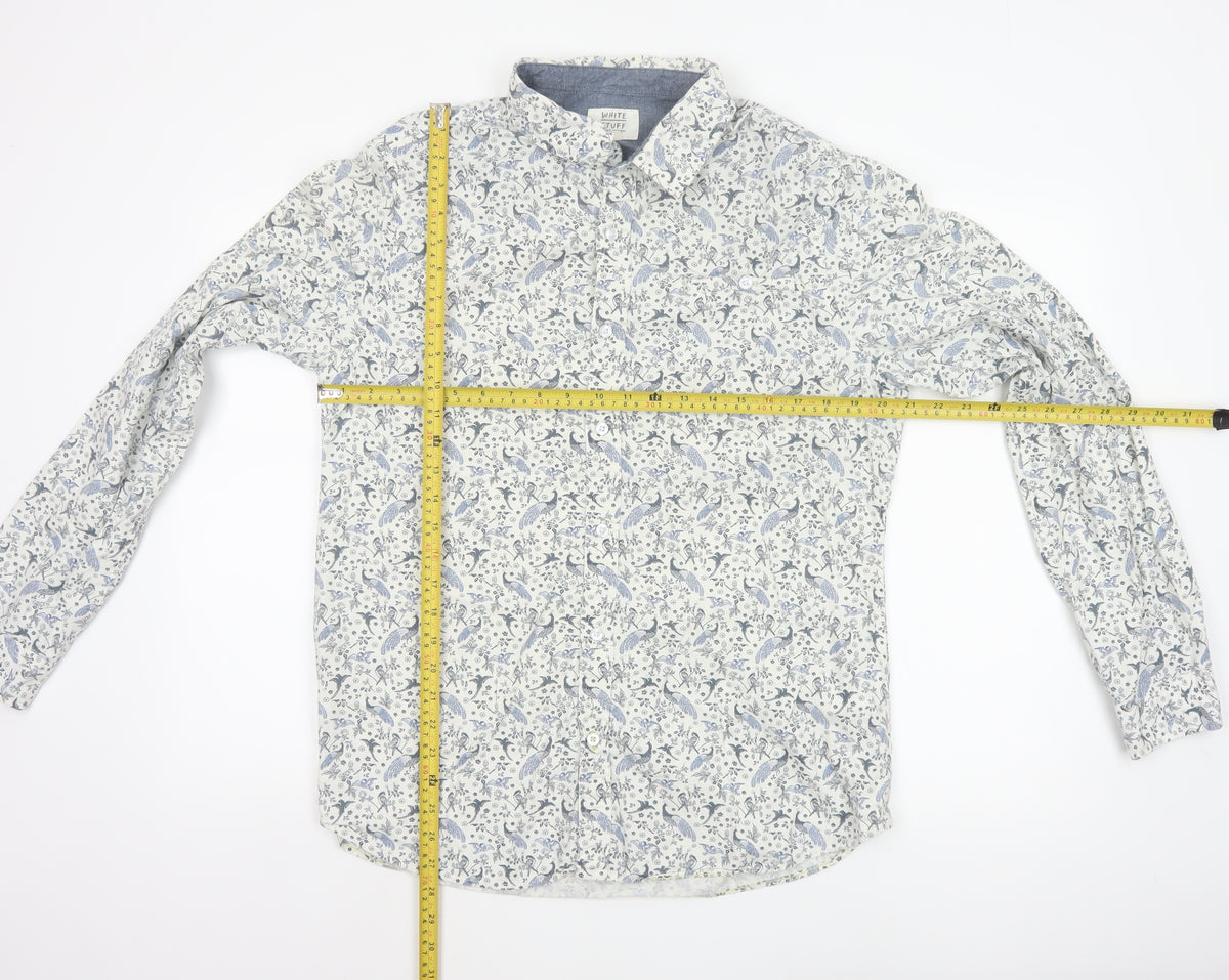 White Stuff Men’s White Blue Bird Floral Slim Fit Shirt L