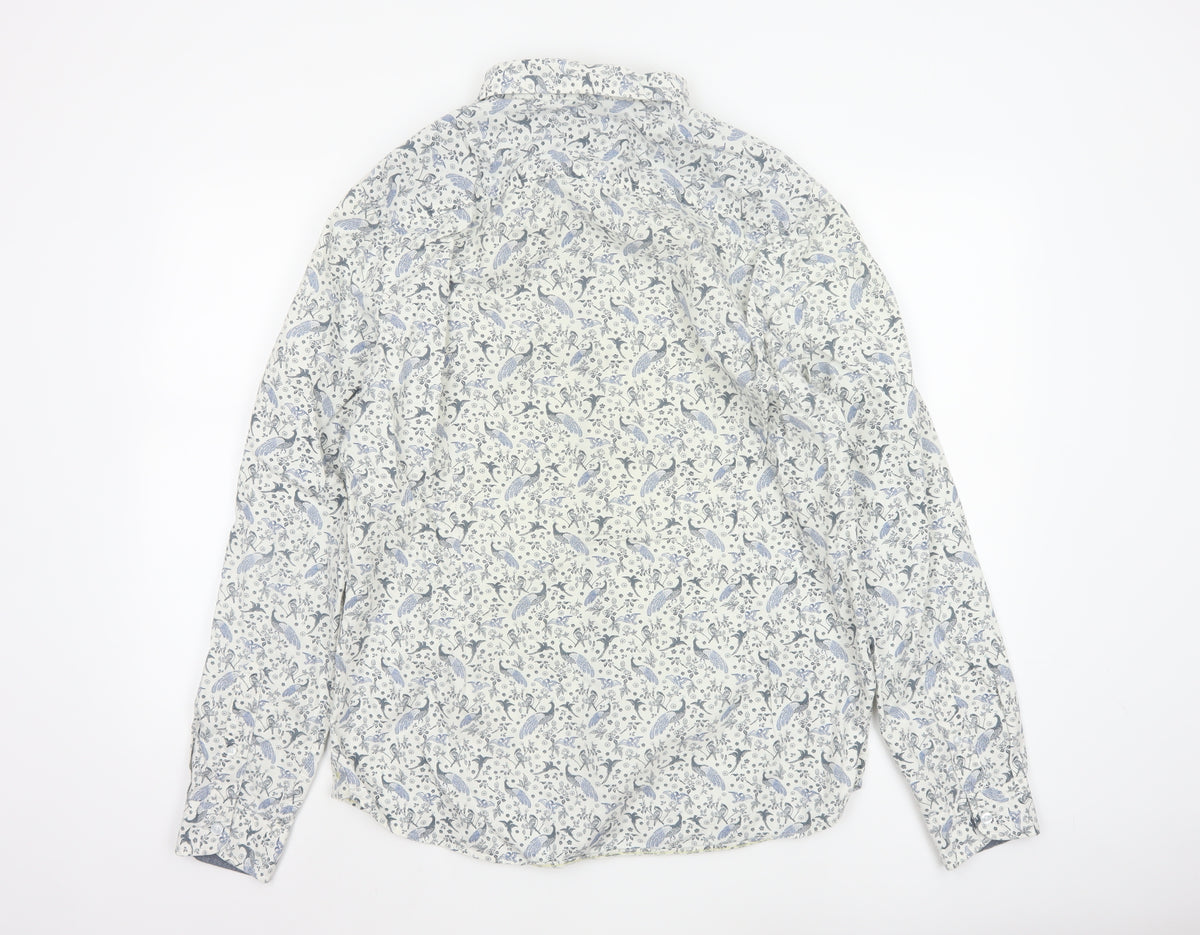 White Stuff Men’s White Blue Bird Floral Slim Fit Shirt L