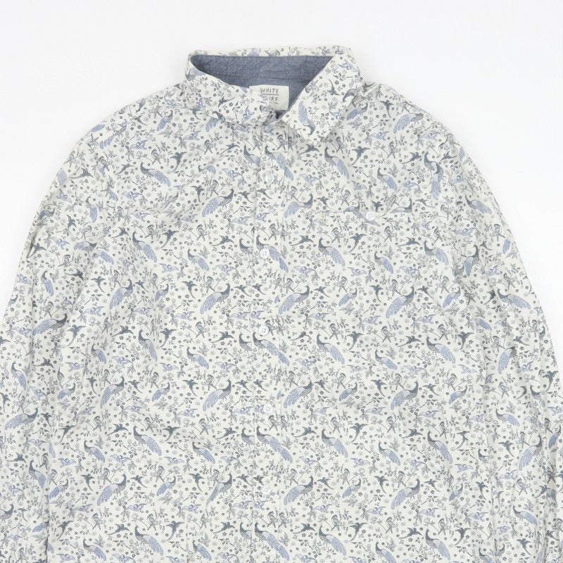 White Stuff Men’s White Blue Bird Floral Slim Fit Shirt L