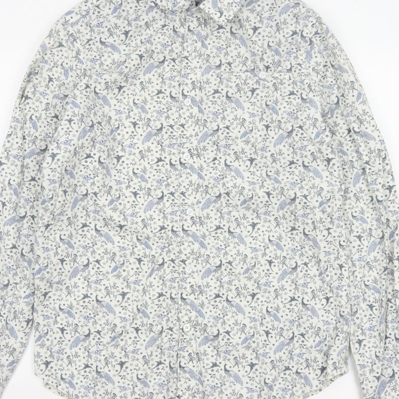 White Stuff Men’s White Blue Bird Floral Slim Fit Shirt L