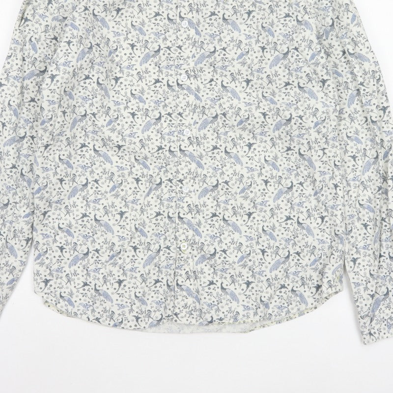 White Stuff Men’s White Blue Bird Floral Slim Fit Shirt L