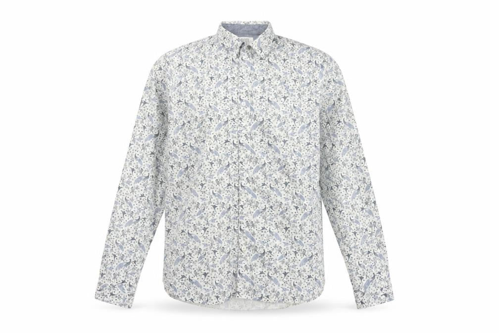White Stuff Men’s White Blue Bird Floral Slim Fit Shirt L