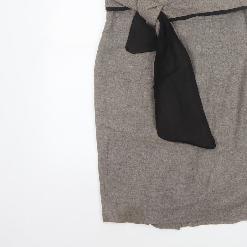 Zara Basic Women Grey Pencil Knee Length Skirt M Tie Bow Slit
