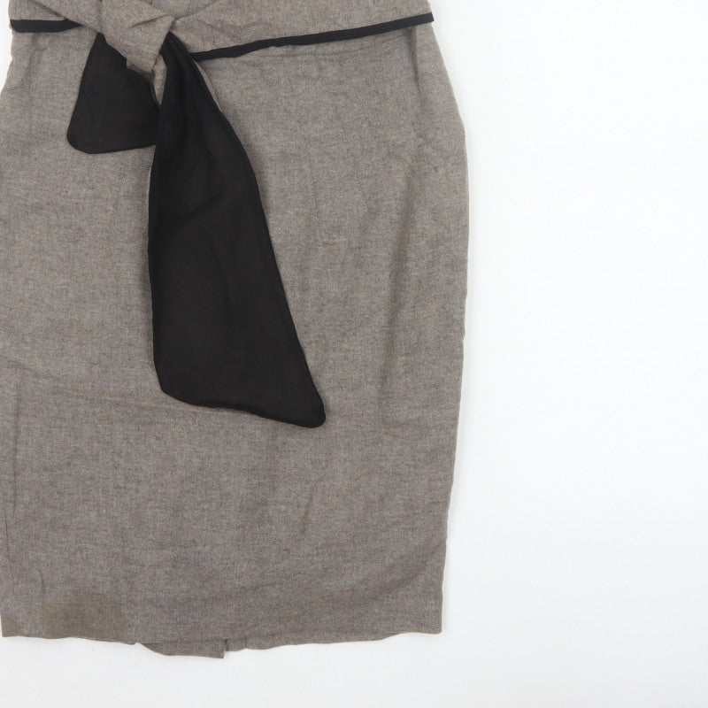 Zara Basic Women Grey Pencil Knee Length Skirt M Tie Bow Slit