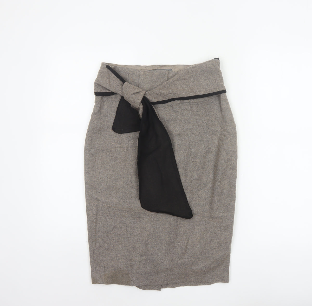 Zara Basic Women Grey Pencil Knee Length Skirt M Tie Bow Slit
