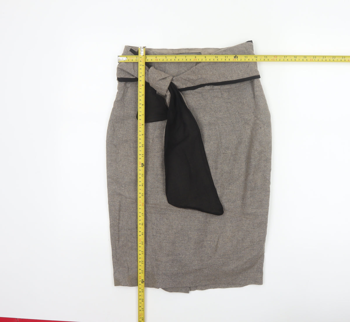 Zara Basic Women Grey Pencil Knee Length Skirt M Tie Bow Slit