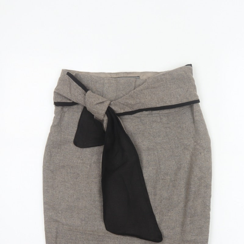 Zara Basic Women Grey Pencil Knee Length Skirt M Tie Bow Slit