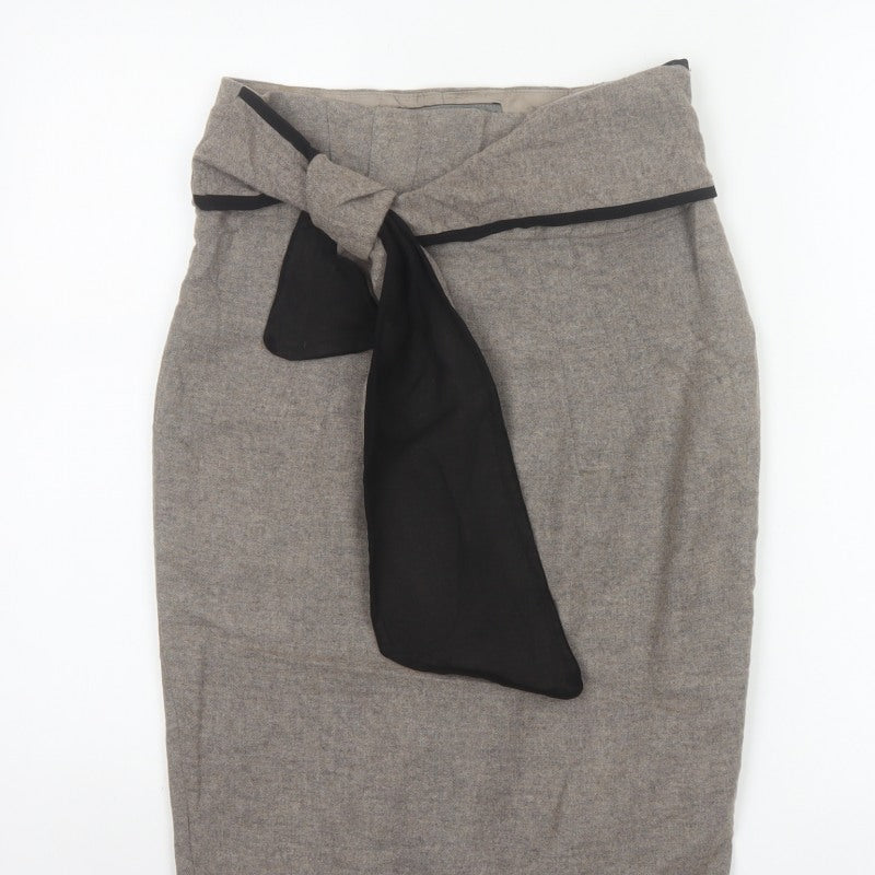 Zara Basic Women Grey Pencil Knee Length Skirt M Tie Bow Slit
