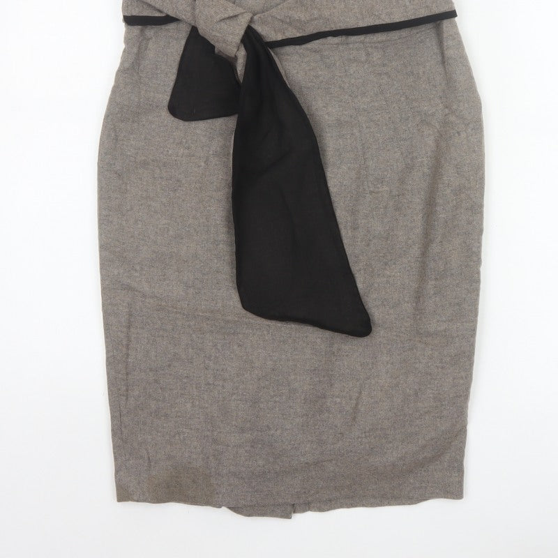 Zara Basic Women Grey Pencil Knee Length Skirt M Tie Bow Slit