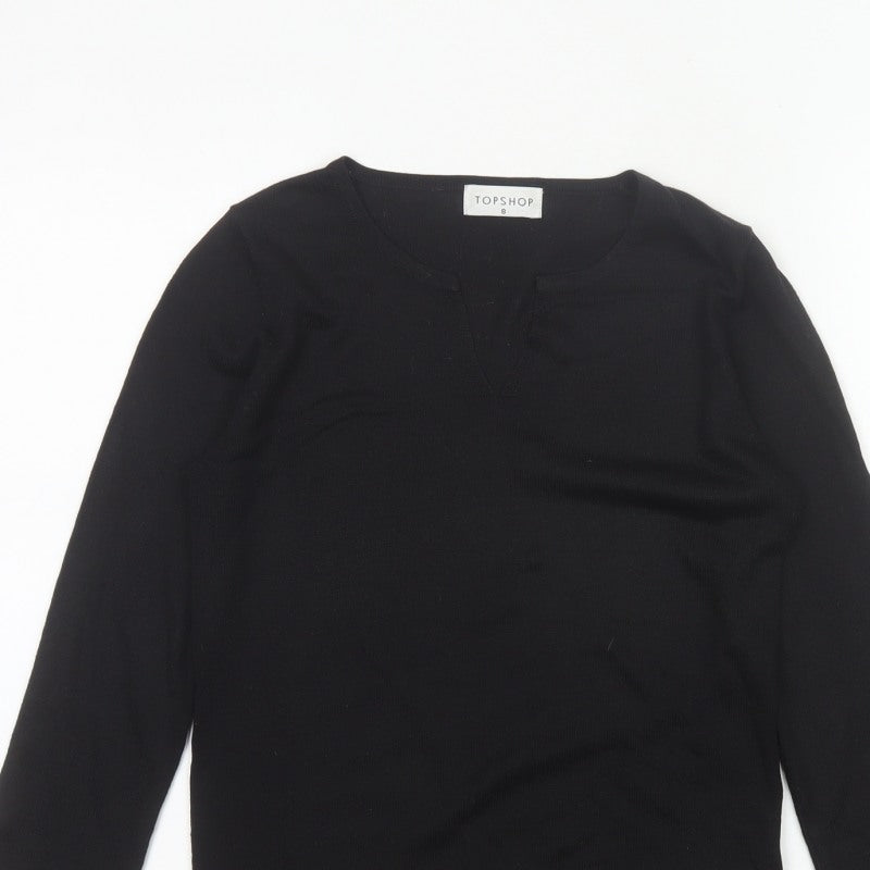 Topshop Women’s Black Size 8 Basic Knit V-Neck Long Sleeve Top