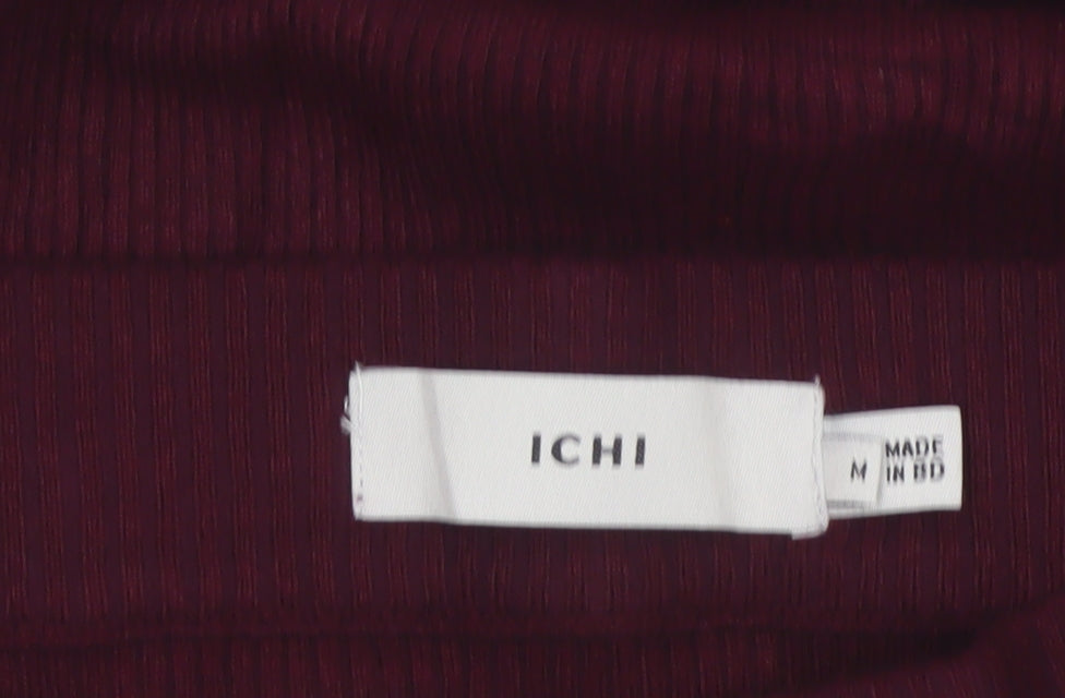 ICHI Women Red M Ribbed Knit Midi Pencil Skirt Button Front
