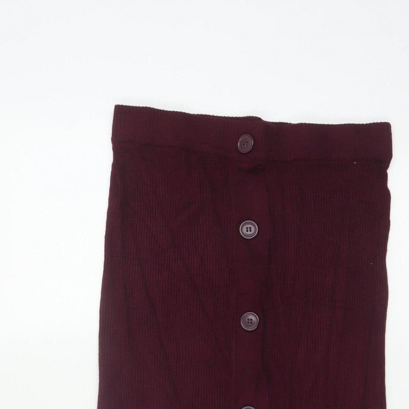 ICHI Women Red M Ribbed Knit Midi Pencil Skirt Button Front
