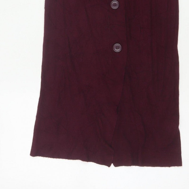 ICHI Women Red M Ribbed Knit Midi Pencil Skirt Button Front